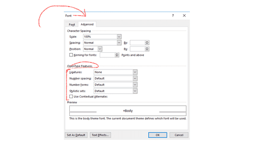 Access hidden letters with the fonts panel in Word