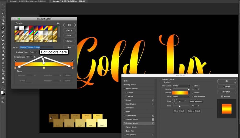 gold color code font effect examples