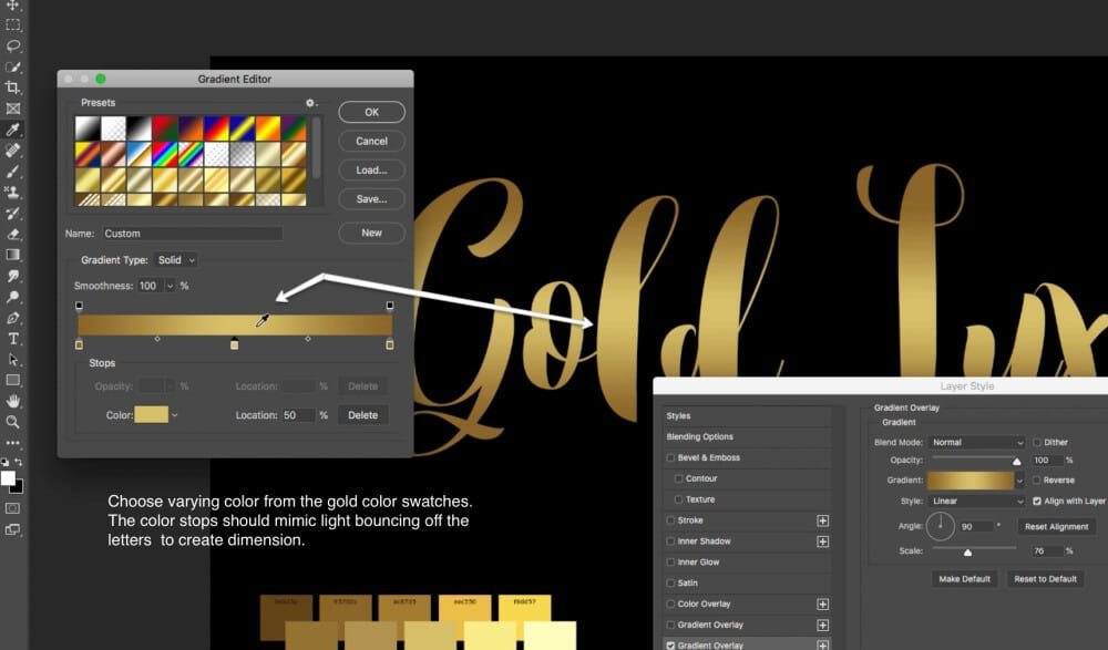 gold color code font effect examples