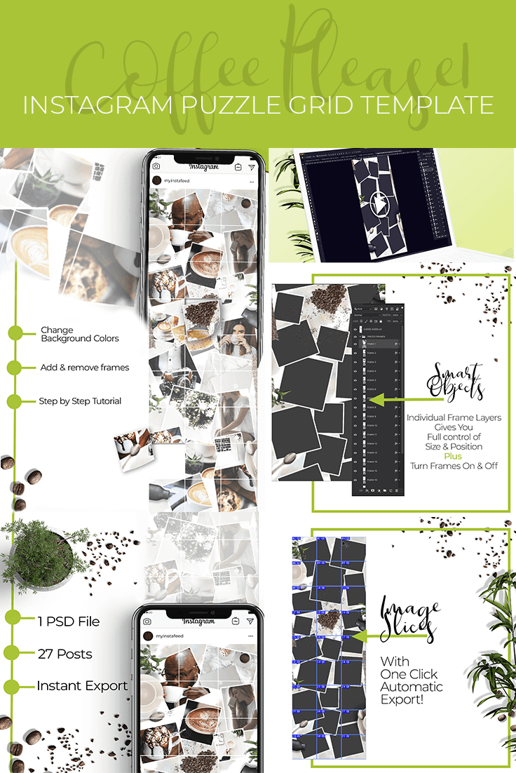 Instagram theme template, puzzle grid with a coffee theme, instagrid beautiful seamless flow between all of your images without all the extra work!