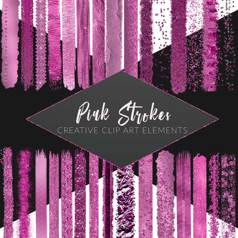 Pink Metallic Brush Strokes Clip Art Set