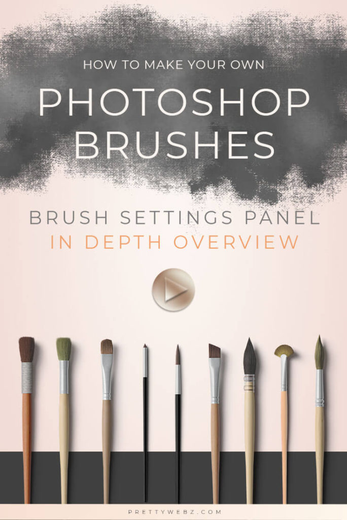 Photoshop brush settings long feature with title overlay and brushes mockup over pink background