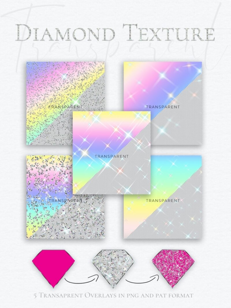 Diamond glitter transparent overlays shows over pastel rainbow gradient background