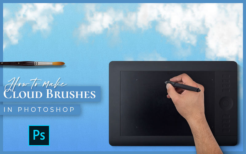 cloud brush photoshop tutorial feature with text overlay clouds and hand over drawing tablet