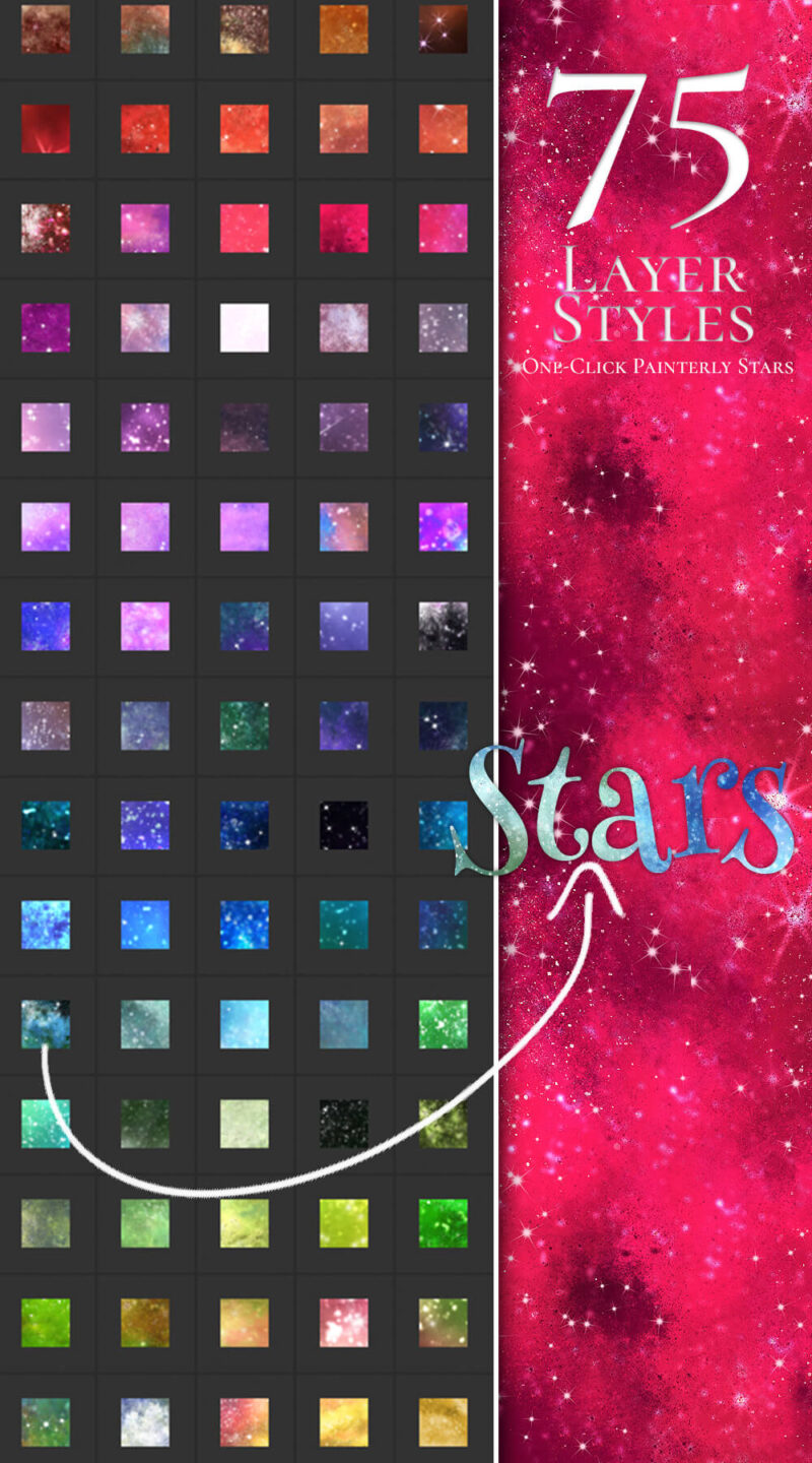 stars and galaxy design kit for Photoshop layer styles preview