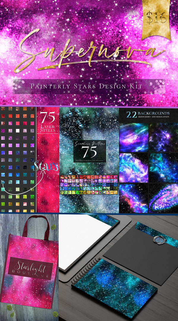 Supernova univers, stars and galaxy design kit showing pattern examples