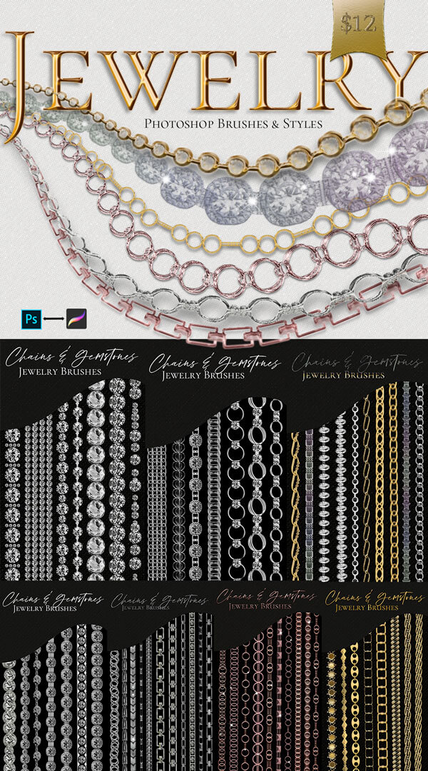 Jewelry photoshop brushes pin with brush examples using different layer styles included in the kit