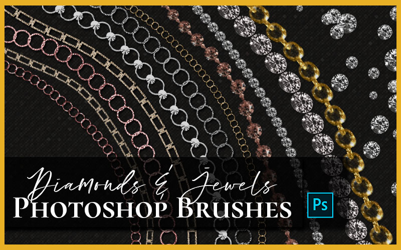 Jewelry brushes Photoshop tutorial showing chain and gemstone brushes on a black background